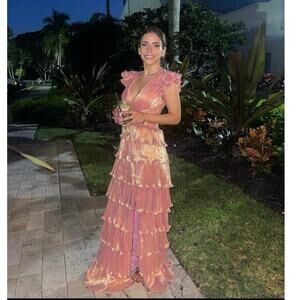 MAC DUGGAL Coral Pink Gold Ruffle Tiered Criss Cross Lace Up Back Gown Dress 2